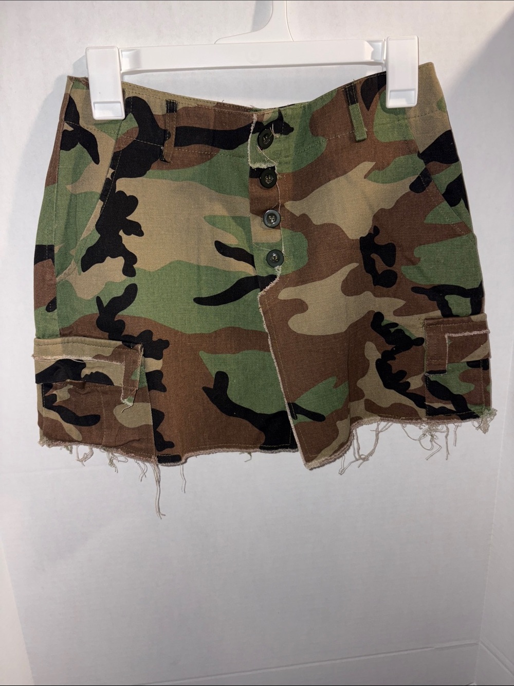 Distressed Camo Cargo Mini Skirt with Button Front